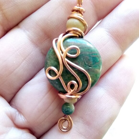 Unique! Handmade Stacked Green Jasper Pendant - Copper Wire Wrap Design + Chain - Picture 3 of 9